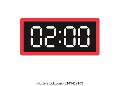 Vector flat illustration of a digital clock displaying 02.00. Illustration of alarm with digital number design. Clock icon for hour, watch, alarm signs.