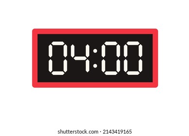 Vector flat illustration of a digital clock displaying 04.00. Illustration of alarm with digital number design. Clock icon for hour, watch, alarm signs.