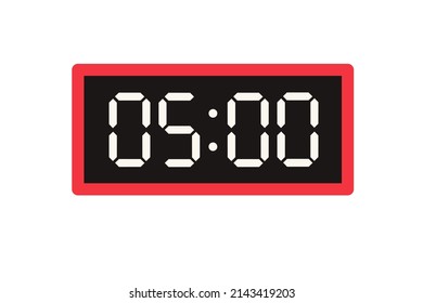 Ilustración plana vectorial de un reloj digital con 05.00. Ilustración de alarma con diseño de números digitales. Icono de reloj por hora, mira, señales de alarma.