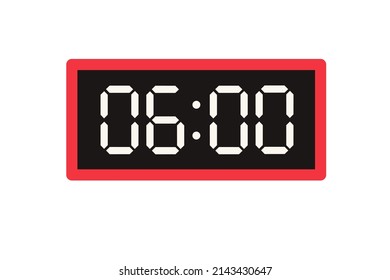 Ilustración plana vectorial de un reloj digital con 06.00. Ilustración de alarma con diseño de números digitales. Icono de reloj por hora, mira, señales de alarma.