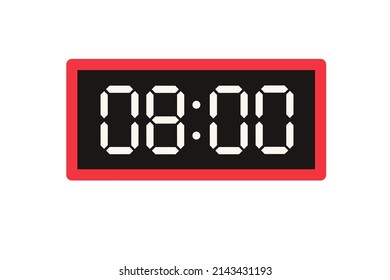 Ilustración plana vectorial de un reloj digital con 08.00. Ilustración de alarma con diseño de números digitales. Icono de reloj por hora, mira, señales de alarma.