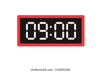 Vector flat illustration of a digital clock displaying 09.00. Illustration of alarm with digital number design. Clock icon for hour, watch, alarm signs.