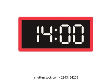 Vector flat illustration of a digital clock displaying 14.00. Illustration of alarm with digital number design. Clock icon for hour, watch, alarm signs.