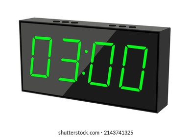 Ilustración plana vectorial de un reloj digital con 03.00. Ilustración de alarma con diseño de números digitales. Icono de reloj por hora, mira, señales de alarma.