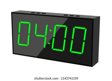 Ilustración plana vectorial de un reloj digital con 04.00. Ilustración de alarma con diseño de números digitales. Icono de reloj por hora, mira, señales de alarma.