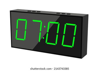 Vector flat illustration of a digital clock displaying 07.00. Illustration of alarm with digital number design. Clock icon for hour, watch, alarm signs.