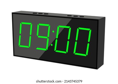 Vector flat illustration of a digital clock displaying 09.00. Illustration of alarm with digital number design. Clock icon for hour, watch, alarm signs.