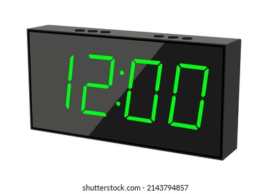 Vector flat illustration of a digital clock displaying 12.00. Illustration of alarm with digital number design. Clock icon for hour, watch, alarm signs.