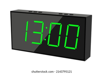 Vector flat illustration of a digital clock displaying 13.00. Illustration of alarm with digital number design. Clock icon for hour, watch, alarm signs.