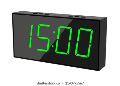 Vector flat illustration of a digital clock displaying 15.00. Illustration of alarm with digital number design. Clock icon for hour, watch, alarm signs.