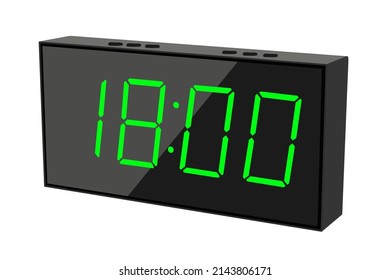 Vector flat illustration of a digital clock displaying 18.00. Illustration of alarm with digital number design. Clock icon for hour, watch, alarm signs.