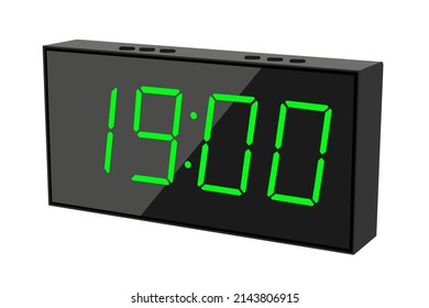 Vector flat illustration of a digital clock displaying 19.00. Illustration of alarm with digital number design. Clock icon for hour, watch, alarm signs.