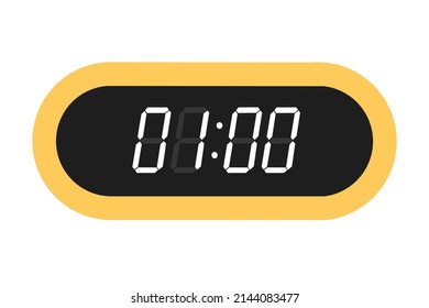 Ilustración plana vectorial de un reloj digital con 01.00. Ilustración de alarma con diseño de números digitales. Icono de reloj por hora, mira, señales de alarma.