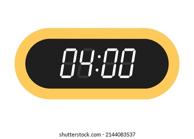 Ilustración plana vectorial de un reloj digital con 04.00. Ilustración de alarma con diseño de números digitales. Icono de reloj por hora, mira, señales de alarma.