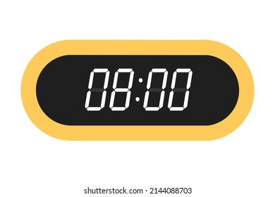 Ilustración plana vectorial de un reloj digital con 08.00. Ilustración de alarma con diseño de números digitales. Icono de reloj por hora, mira, señales de alarma.