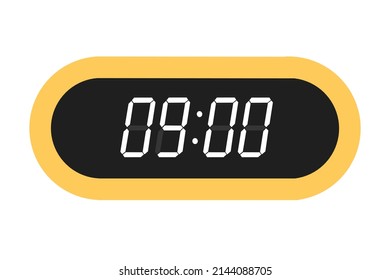 Ilustración plana vectorial de un reloj digital con 09.00. Ilustración de alarma con diseño de números digitales. Icono de reloj por hora, mira, señales de alarma.