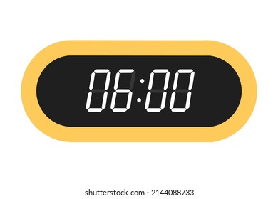 Vector flat illustration of a digital clock displaying 06.00. Illustration of alarm with digital number design. Clock icon for hour, watch, alarm signs.