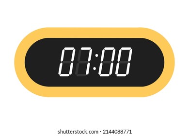 Ilustración plana vectorial de un reloj digital con 07.00. Ilustración de alarma con diseño de números digitales. Icono de reloj por hora, mira, señales de alarma.