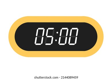 Ilustración plana vectorial de un reloj digital con 05.00. Ilustración de alarma con diseño de números digitales. Icono de reloj por hora, mira, señales de alarma.