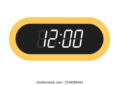 Vector flat illustration of a digital clock displaying 12.00. Illustration of alarm with digital number design. Clock icon for hour, watch, alarm signs.