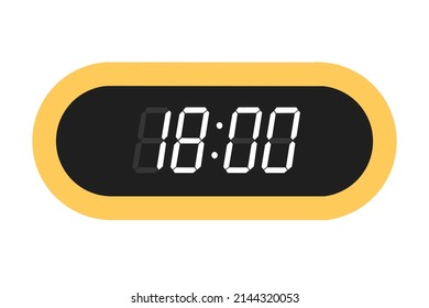 Vector flat illustration of a digital clock displaying 18.00. Illustration of alarm with digital number design. Clock icon for hour, watch, alarm signs.