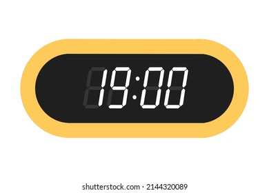 Vector flat illustration of a digital clock displaying 19.00. Illustration of alarm with digital number design. Clock icon for hour, watch, alarm signs.