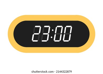 Vector flat illustration of a digital clock displaying 23.00. Illustration of alarm with digital number design. Clock icon for hour, watch, alarm signs.