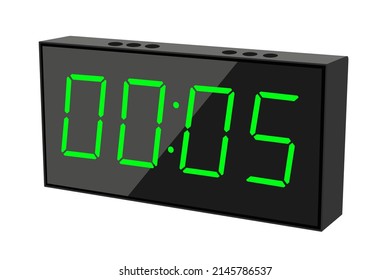 Vector flat illustration of a digital clock displaying 00.05. Illustration of alarm with digital number design. Clock icon for hour, watch, alarm signs.