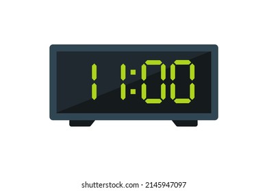 Vector flat illustration of a digital clock displaying 11.00. Illustration of alarm with digital number design. Clock icon for hour, watch, alarm signs.