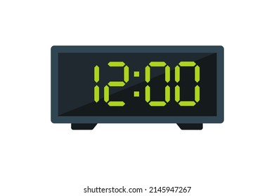 Ilustración plana vectorial de un reloj digital con 12.00. Ilustración de alarma con diseño de números digitales. Icono de reloj por hora, mira, señales de alarma.