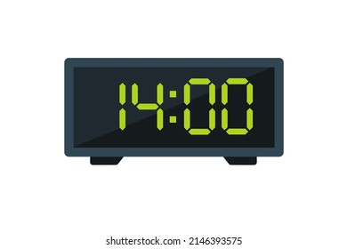 Vector flat illustration of a digital clock displaying 14.00 . Illustration of alarm with digital number design. Clock icon for hour, watch, alarm signs.