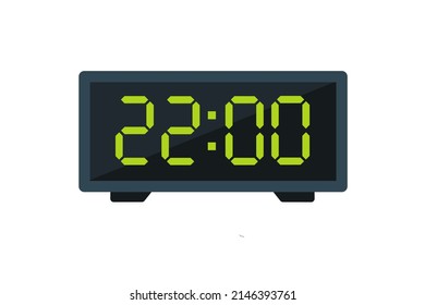 Vector flat illustration of a digital clock displaying 22.00 . Illustration of alarm with digital number design. Clock icon for hour, watch, alarm signs.