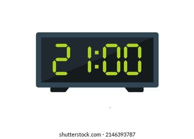 Ilustración plana vectorial de un reloj digital con 21.00 . Ilustración de alarma con diseño de números digitales. Icono de reloj por hora, mira, señales de alarma.