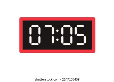 Vector flat illustration of a digital clock displaying 07.05 . Illustration of alarm with digital number design. Clock icon for hour, watch, alarm signs.