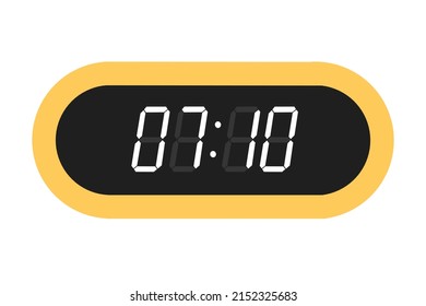 Vector flat illustration of a digital clock displaying 07.10 . Illustration of alarm with digital number design. Clock icon for hour, watch, alarm signs.