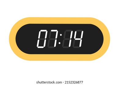 Vector flat illustration of a digital clock displaying 07.14 . Illustration of alarm with digital number design. Clock icon for hour, watch, alarm signs.