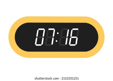 Vector flat illustration of a digital clock displaying 07.16 . Illustration of alarm with digital number design. Clock icon for hour, watch, alarm signs.