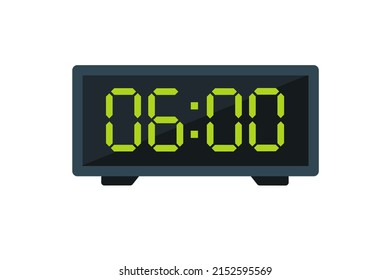 Ilustración plana vectorial de un reloj digital con 06.00 . Ilustración de alarma con diseño de números digitales. Icono de reloj por hora, mira, señales de alarma.