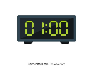 Vector flat illustration of a digital clock displaying 01.00 . Illustration of alarm with digital number design. Clock icon for hour, watch, alarm signs.