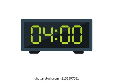 Ilustración plana vectorial de un reloj digital con 04.00 . Ilustración de alarma con diseño de números digitales. Icono de reloj por hora, mira, señales de alarma.