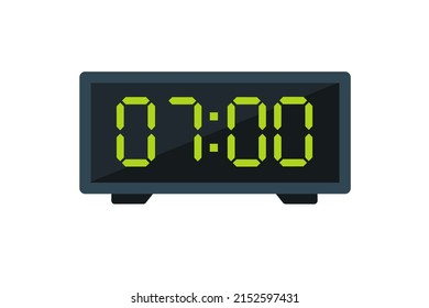 Ilustración plana vectorial de un reloj digital con 07.00 . Ilustración de alarma con diseño de números digitales. Icono de reloj por hora, mira, señales de alarma.