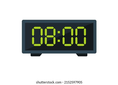 Ilustración plana vectorial de un reloj digital con 08.00 . Ilustración de alarma con diseño de números digitales. Icono de reloj por hora, mira, señales de alarma.