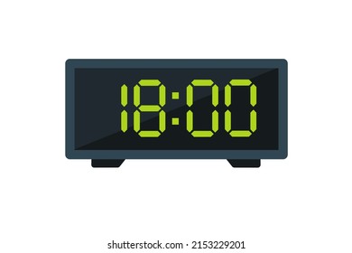 Ilustración plana vectorial de un reloj digital con 18.00 . Ilustración de alarma con diseño de números digitales. Icono de reloj por hora, mira, señales de alarma.