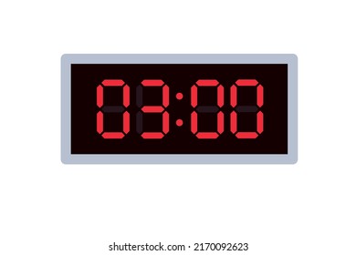 Ilustración plana vectorial de un reloj digital con 03.00 . Ilustración de alarma con diseño de números digitales. Icono de reloj por hora, mirar, señales de alarma