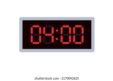 Ilustración plana vectorial de un reloj digital con 04.00 . Ilustración de alarma con diseño de números digitales. Icono de reloj por hora, mirar, señales de alarma