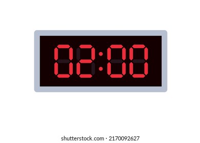 Ilustración plana vectorial de un reloj digital con 02.00 . Ilustración de alarma con diseño de números digitales. Icono de reloj por hora, mirar, señales de alarma