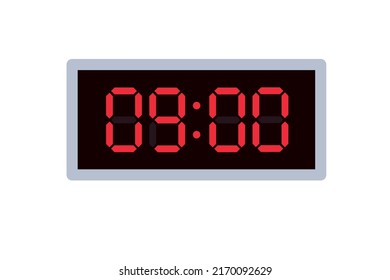 Vector flat illustration of a digital clock displaying 09.00 . Illustration of alarm with digital number design. Clock icon for hour, watch, alarm signs