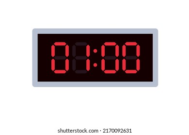 Ilustración plana vectorial de un reloj digital con 01.00 . Ilustración de alarma con diseño de números digitales. Icono de reloj por hora, mirar, señales de alarma