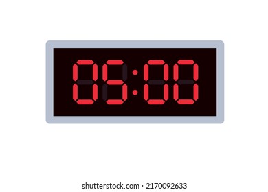 Ilustración plana vectorial de un reloj digital con 05.00 . Ilustración de alarma con diseño de números digitales. Icono de reloj por hora, mirar, señales de alarma