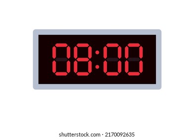 Vector flat illustration of a digital clock displaying 08.00 . Illustration of alarm with digital number design. Clock icon for hour, watch, alarm signs